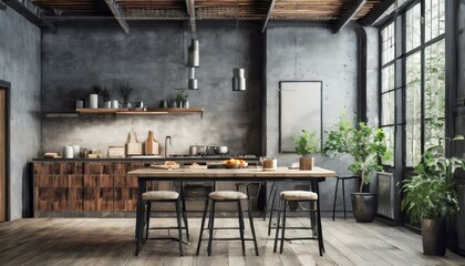 Industrial Elegance: Wall Mockup Set in a Stylish Loft Kitchen - 3D Render"