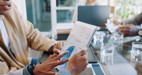 Hands, employees and working on tablet with pie chart for auditing or financial planning in...