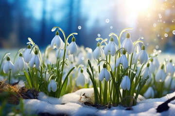 Obraz premium Beautiful snowdrops in the forest against a background of snow and blue sky. Postcard.. Copy Space for your text