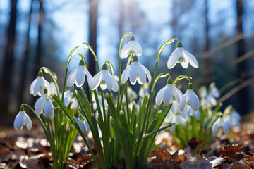 Beautiful snowdrops in the forest against a background of snow and blue sky. Postcard.. Copy Space for your text