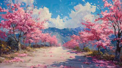 Dirt Road With Pink Flowers Painting