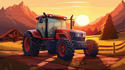 Tractor on farm rural court in sunrise light 2d flat