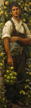 Serene classicism painting of a peasant with limes and olives, embodying tranquility , unique hyper-realistic illustrations