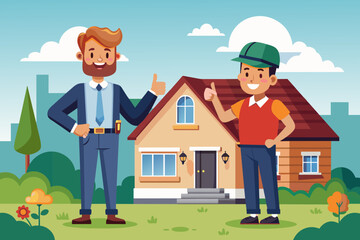 A businessman and roofer are facing forward giving 