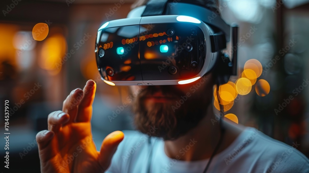 Poster a man with a head-set gadget reaches out to grasp a virtual reality concept