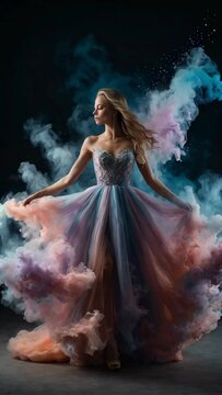 A beautiful woman wearing a stunning dress stands in the centre of a mesmerizing explosion of pastel colored powder