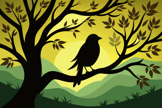 A silhouette bird siting in the tree vector style