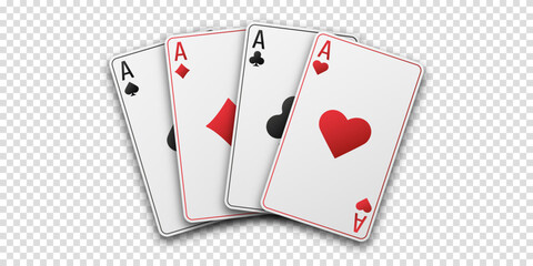 Fan of hand playing cards. Four aces with the suit of hearts, clubs, diamonds and spades. Vetor illustration. Poker or casino concept. Transparent background.