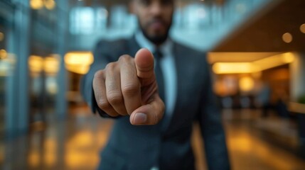 Businessman pointing his finger at the camera with a blurred background.