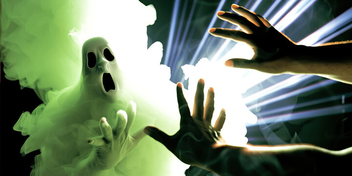 Emerald Ectoplasm: Hands reaching out in horror, as if encountering a ghostly apparition, with a haunted expression of disbelief.