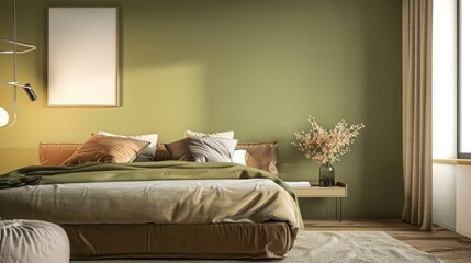 Premium pastel green olive and brown beige bedroom of a hotel room or home with a big bed. Deep dusty green khaki wall, linen bedding. Empty background for art or wallpaper, picture. 3d render 