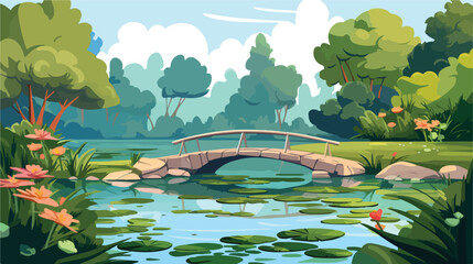 Tranquil garden pond with stone bridge and water li - obrazy, fototapety, plakaty