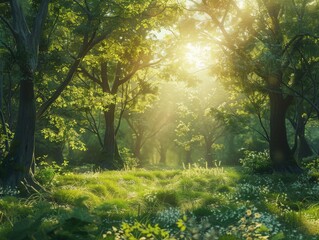 Sunlit Forest Clearing: Serene Oasis in the Heart of Nature's Beauty.