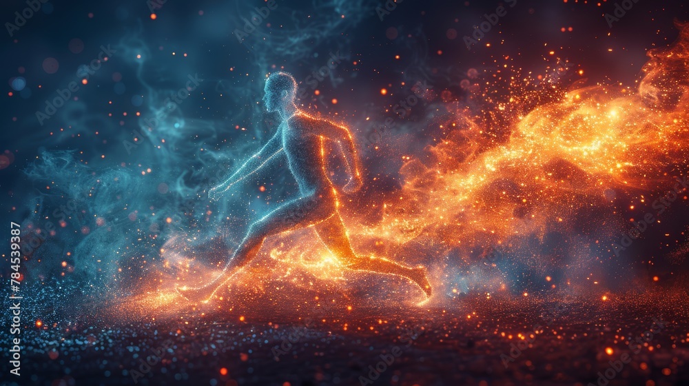 Poster a graphic depicting a dotted man running with particles represents the concept of sport science