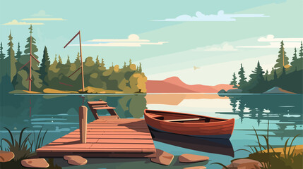 Tranquil lakeside dock with rowboat and fishing pol - obrazy, fototapety, plakaty