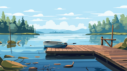 Tranquil lakeside dock with rowboat and fishing pol