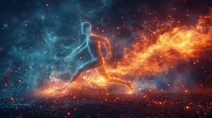 A graphic depicting a dotted man running with particles represents the concept of sport science - obrazy, fototapety, plakaty