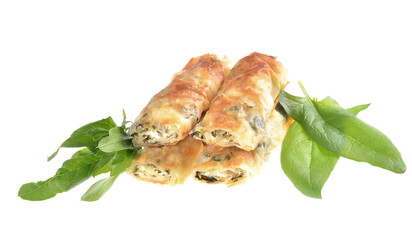 Healthy spinach pie, fresh spinach leaves,isolated on white background.