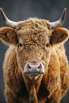 Head of a brown young cow looking straight ahead