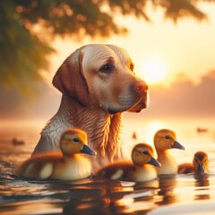 Labrador retriever and baby ducks at sunset