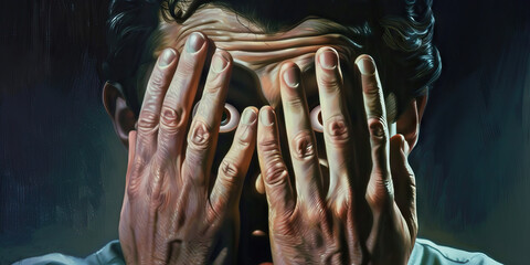 Nightmare at Work: Hands covering the face in horror, eyes peeking through fingers, symbolizing the dread of a workplace nightmare - obrazy, fototapety, plakaty