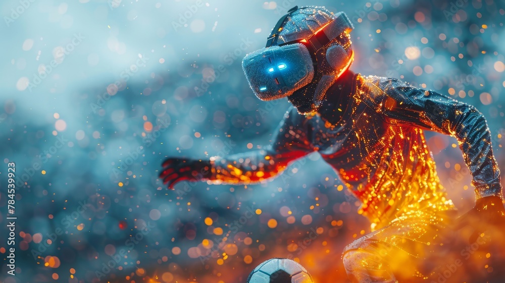 Poster digital man with vr glasses playing soccer with a concept of virtual reality technology