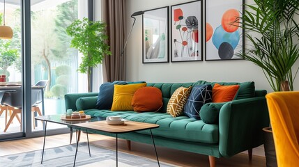 Comfortable green couch with cushions placed against wall near dining table