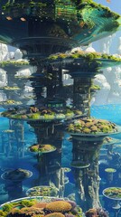 Futuristic Underwater City,An underwater city with futuristic architecture and vibrant coral reefs teeming with fish. The city showcases sustainable living and harmony with marine life