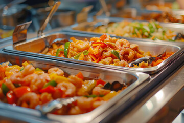 A buffet of food with shrimp, peppers, and other vegetables