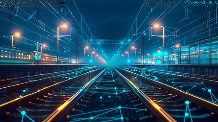 Fototapeta na wymiar Railway interchange depicted in a low-poly construction shows an empty rail track with interconnected lines and dots on a blue background, emphasizing the technical aspects of rail transportation