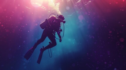 Back view of scuba diver underwater. Diver looks at big diving club logo underwater. Diver dives to the bottom of the sea while holding rope. Sunrays underwater. Scuba diving background.