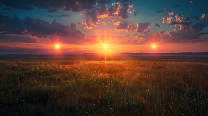 A field of grass with the sun setting in the background - obrazy, fototapety, plakaty