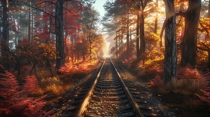 The image of a train track traversing a stunning autumn forest creates a sense of adventure and wonder, enhanced by warm sunrays and long shadows cast by tall trees, adding an eerie atmosphere