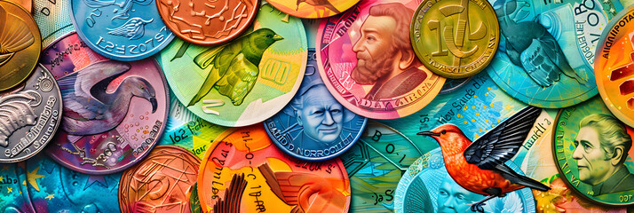 Diverse Collection of New Zealand Currency: Intricately Designed Banknotes and Coins - obrazy, fototapety, plakaty