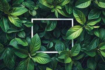 White frame on green leaves minimal tropical leaf topview for decoration.