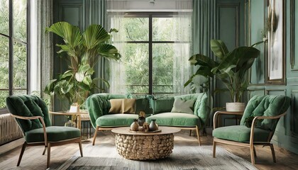 Refreshing Elegance: Green Armchairs Adorned Living Room Mockup - 3D Render"