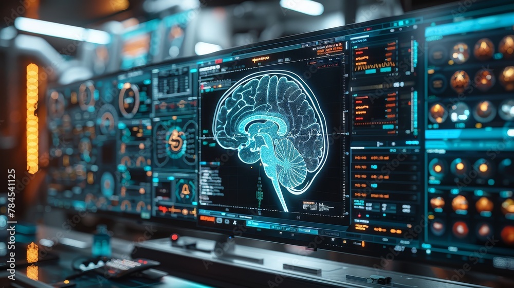 Aufkleber abstract technology in health care, digital medical interface of brain signal scans