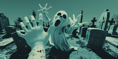 Spooky Cemetery Surprise: Hands reaching out in shock, eyes wide with disbelief, as if encountering a ghostly figure among tombstones - obrazy, fototapety, plakaty
