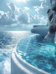 A beautiful blue ocean with a white rock wall and a white ledge - obrazy, fototapety, plakaty
