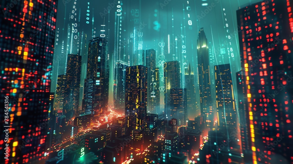 Aufkleber The rendering is constructed using holograms in 3D and simulates a futuristic matrix. The digital skyline is made using Binary Code particles. This is a technology and connection concept. The