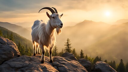 Goat standing on a rock with a mountain forest view at sunrise

