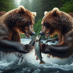Obraz premium Brown bear fishing for salmon on top of a waterfall