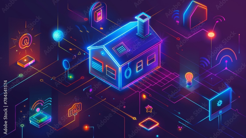 Aufkleber Concept of a smart home connected to the internet through a home network. Background with internet of things doodles.