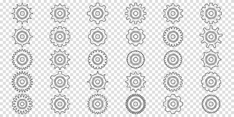 Simple Gear wheel collection. Cogwheel. Gears icon outline set. Setting gears icon. Machine gear icon vector set. Gear icons. Different style icons set. Vector illustration on a transparent background