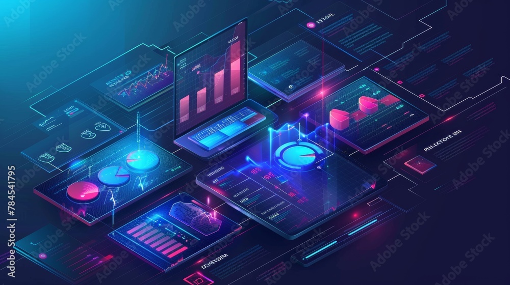 Aufkleber graphs, analysis data and charts regarding investments and trade in a 3d isometric modern. business 