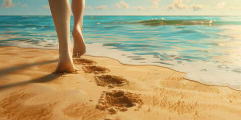 Sandy Serenity: Feet walking along a tranquil beach, leaving footprints in the sand - obrazy, fototapety, plakaty