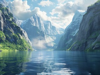 A majestic fjord surrounded by towering cliffs.realistic, uhd, 4k, hyperrealistic --ar 4:3 Job ID:...