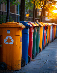 Colorful garbage bins in row - obrazy, fototapety, plakaty
