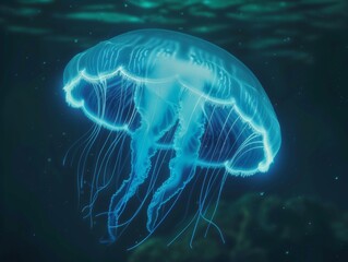 Fototapeta premium Luminous Jellyfish Glowing Gently in Deep Ocean Depths - Enchanting Marine Life Photography.