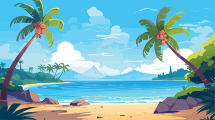 Tropical beach with palm trees under blue sky .. 2d